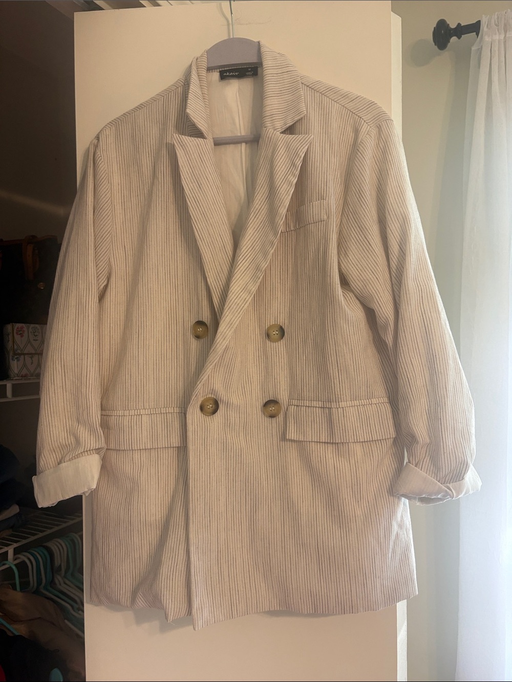 Light Beige Pinstripe Double-Breasted Blazer